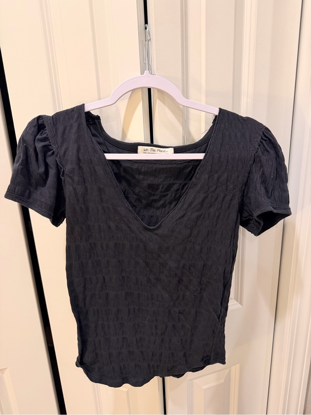 We The Free Black Textured Short Sleeve V-Neck Tee